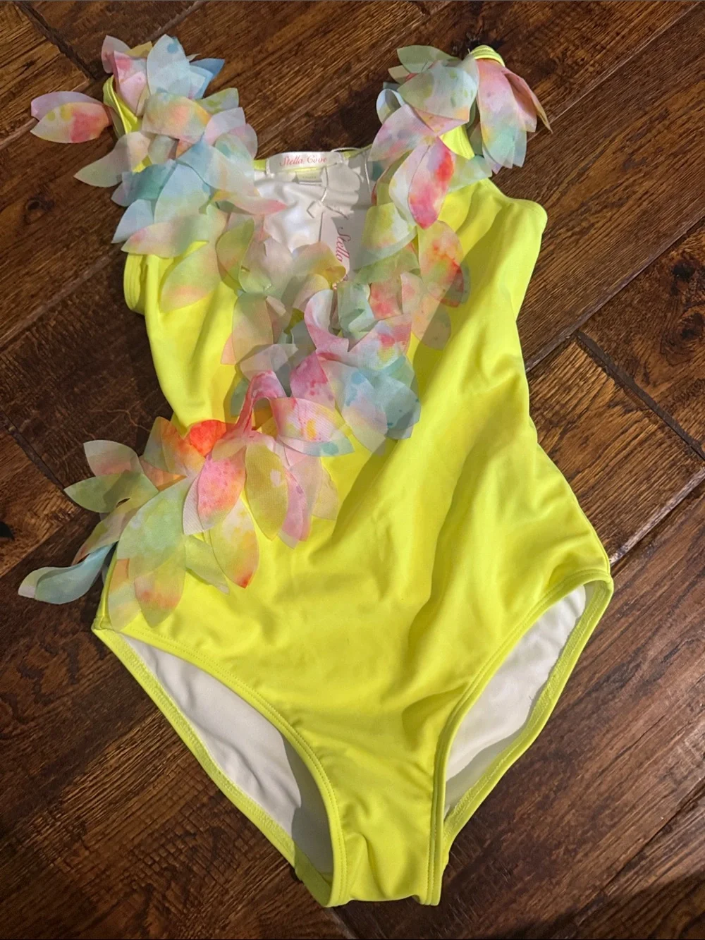Stella Cove Neon Yellow Floral-Appliqué One-Piece